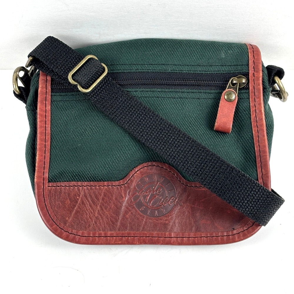 Eagle Creek Crossbody Bag Unisex Small Green Brown Canvas Leather Trim‎ Gorpcore
